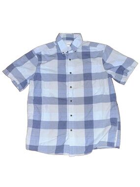 ROWM Men's M Blue White Plaid Woven 100% Cotton Button-Down Short Sleeve Shirt